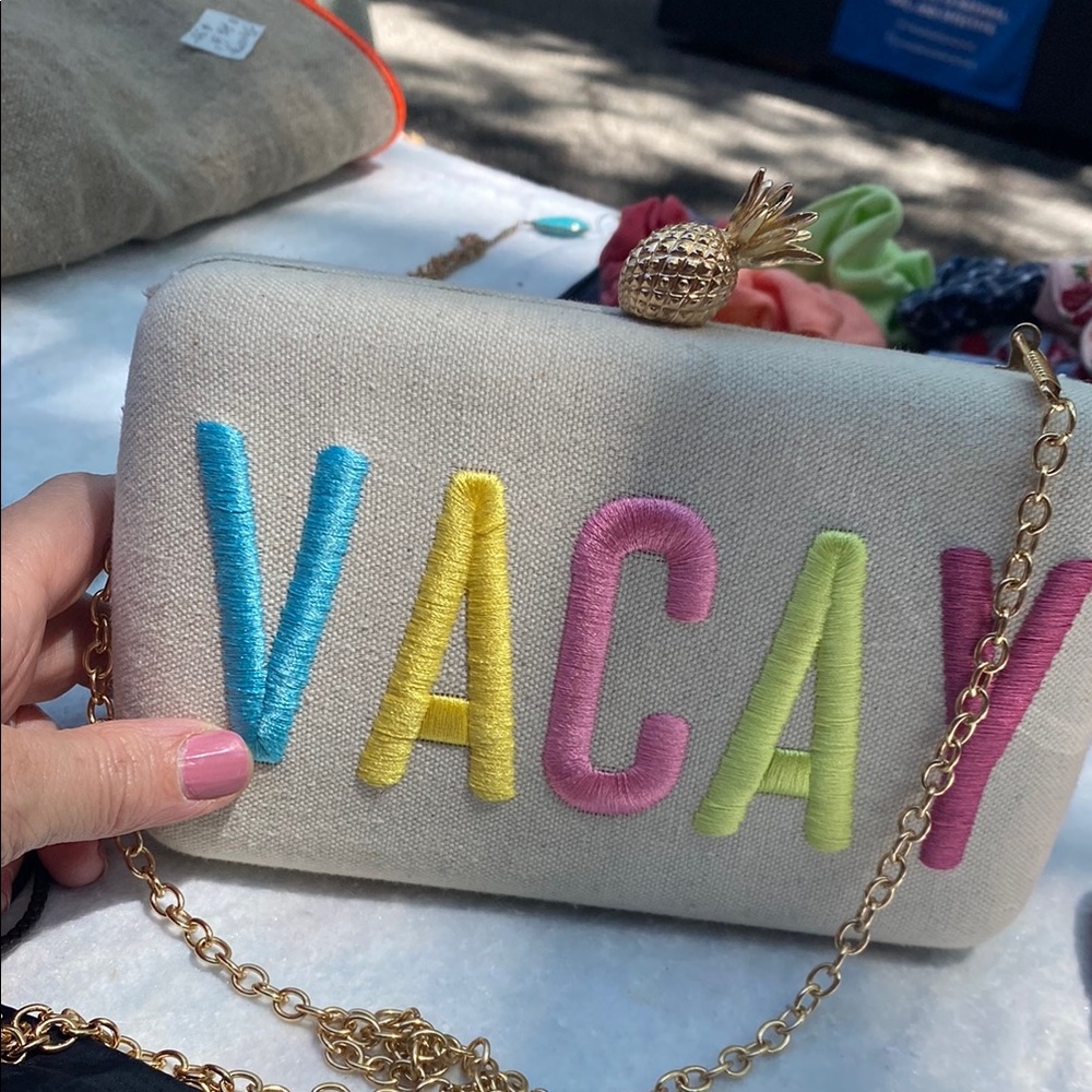 Stylish Beige VACAY Clutch with Gold Chain